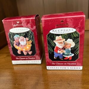 (2) Hallmark Ornaments 1998 and 1999 “The Clauses on Vacation”.